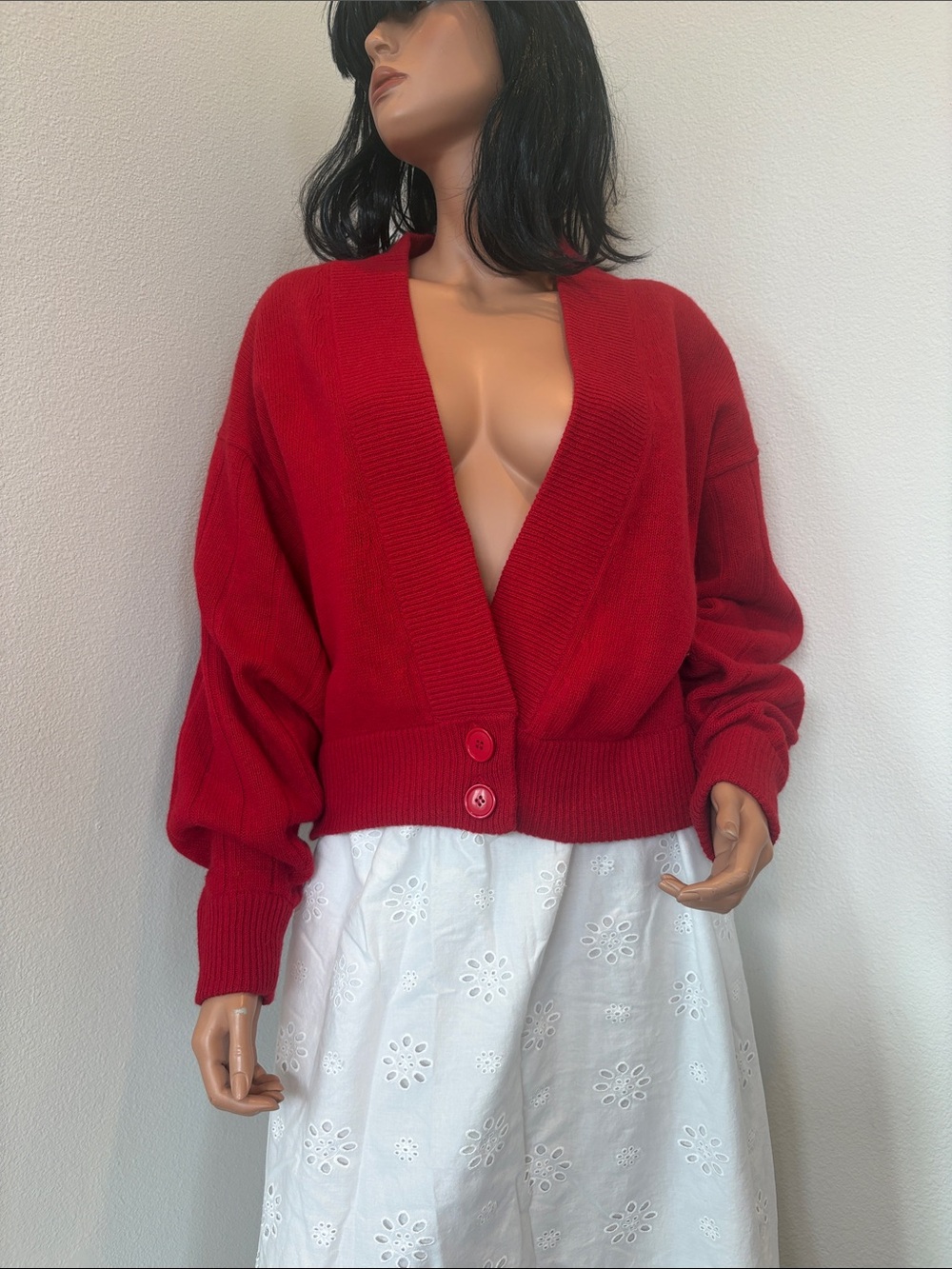 Cropped Red V-Neck Button-Front Cardigan